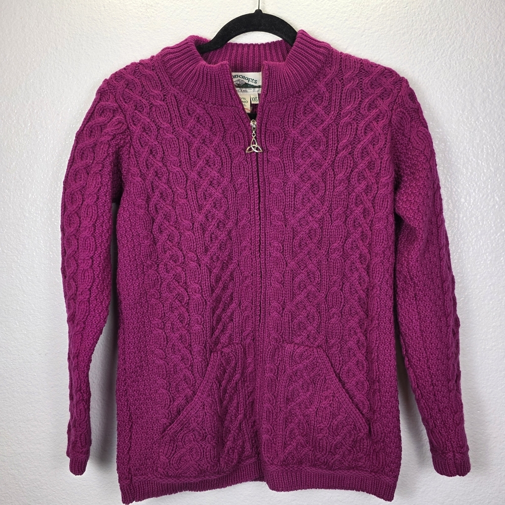 Aran Crafts Women's Merino Wool Zip-Front Knit Cardigan Sweater Sz XXS